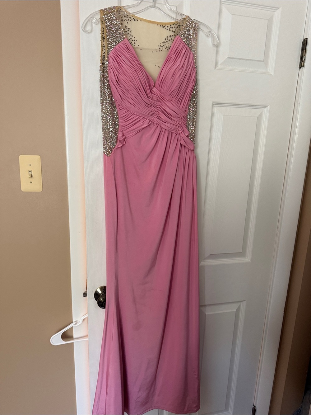 Terani Couture Rose Pink Beaded Illusion Prom Gown